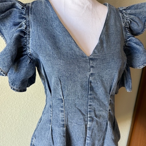 Denim Ruffle Sleeve Romper - Picture 1 of 5